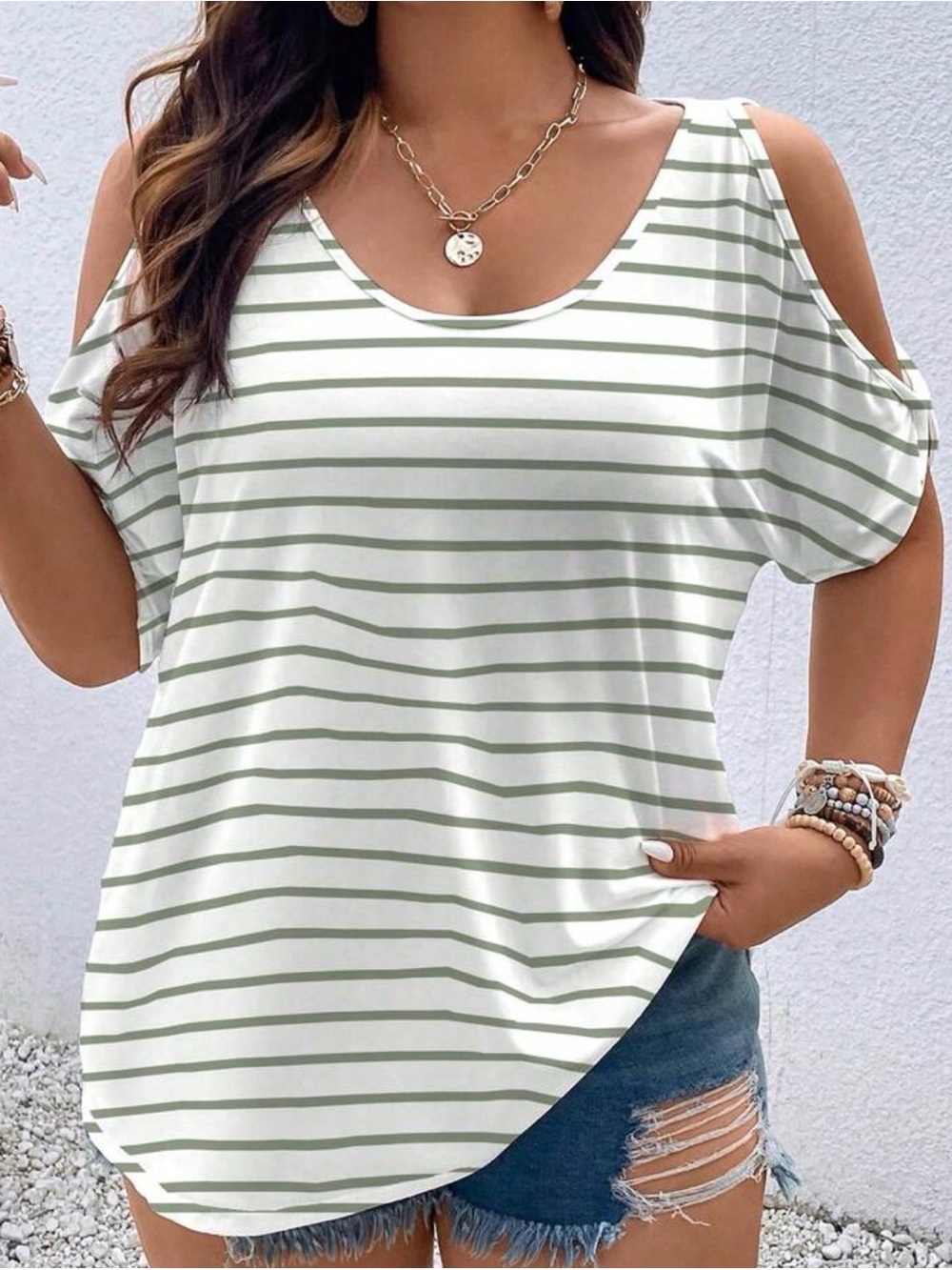 Striped Cold-Shoulder Tank Top in Light Green and White